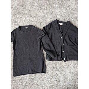 J‎ Crew Cashmere Twin Set Black Cardigan and Short Sleeve Sweater XS S